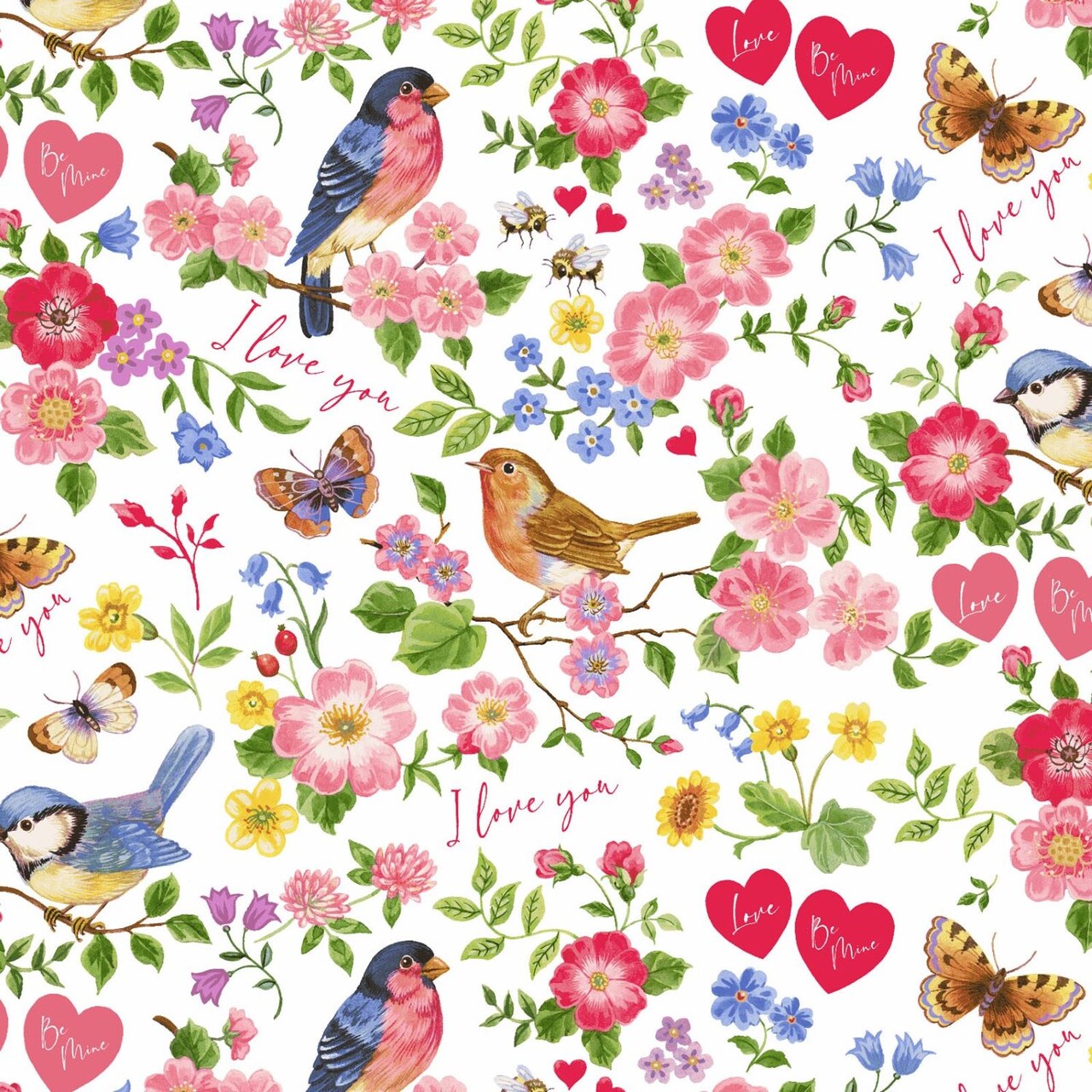 Be Mine Birds Butterflies Flowers Hearts Cotton Fabric by Henry Glass Fabrics